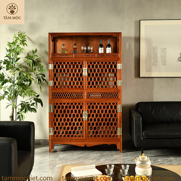 Tủ decor cánh tổ ong gỗ hương
